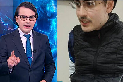 Montagem com fotos de dudu camargo. Na primeira imagem ele aparece no estúdio do primeiro impacto, na segunda o apresentador está de óculos na record tv