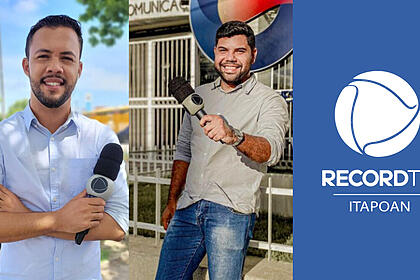 Montagem com os repórteres da TV Guararapes, Gedson Pontes e Alex Silvestre, com o logo da Record TV Itapoan