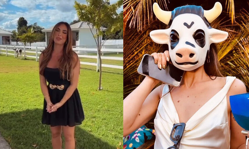 Nicole Bahls de vestido preto, na fazenda, apresentando sua nova vaca; Imagem 2: Camila Queiroz com máscara de vaca