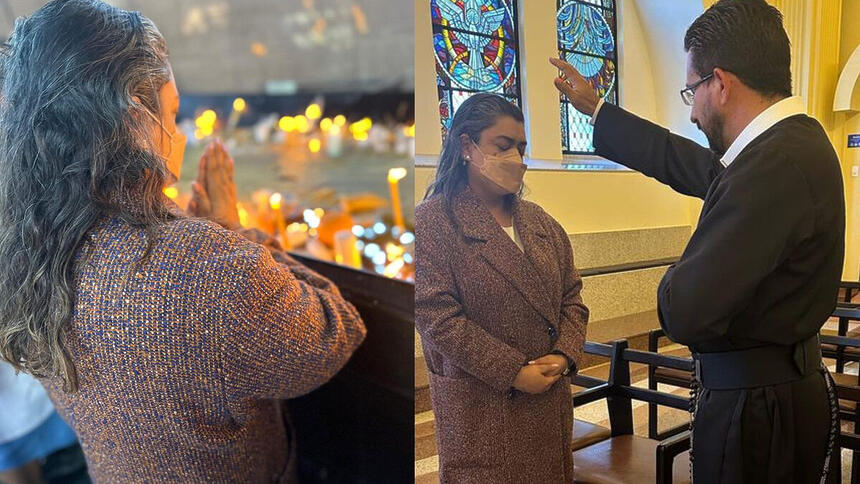 Preta Gil durante visita no Santuário de Aparecida e recebendo a benção do padre