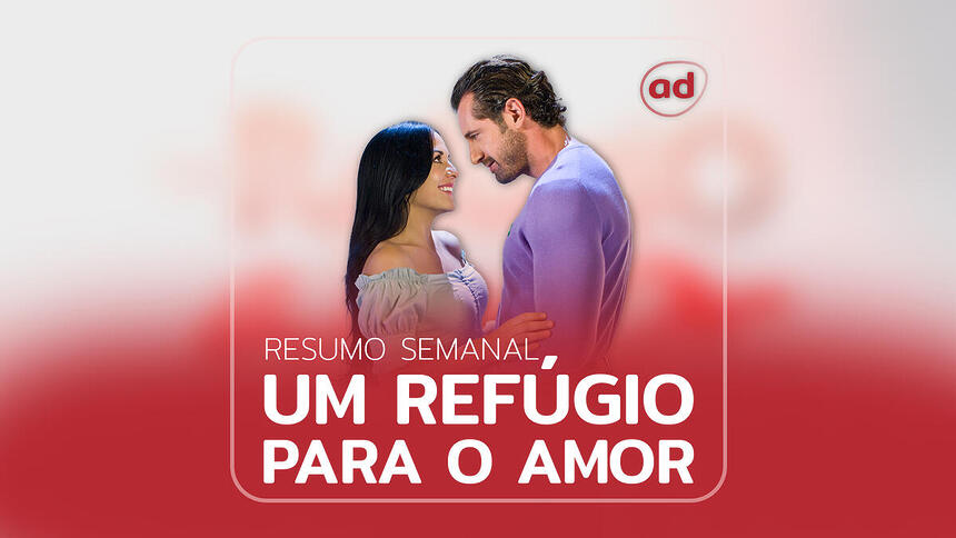 Luciana (Zuria Vega) e Rodrigo (Gabriel Soto) na arte de divulgação do resumo da semana da novela Refúgio Para um Amor