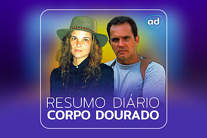 Arte de divulgação do resumo diário da novela Corpo Dourado, exibida no canal Viva