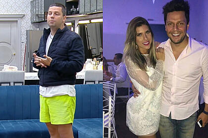 Thiago Servo em pé, de camisa manga longa azul e short verde; Imagem 2: Thiago Servo de camisa social branca abraçado com Ana Paula Minerato