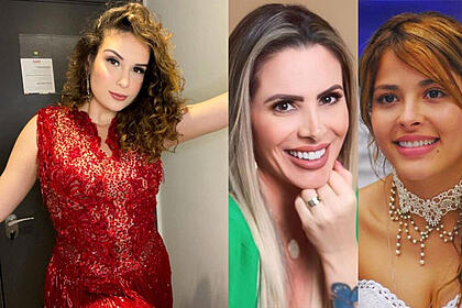 Stephanie Gomes de vestido vermelho, sorrindo, em pé; Imagem 2: Faby Monarca sorrindo, de camisa verde decotada, com a mão no queixo; Imagem 3: Gyselle Soares sorrindo, sentada no sofá do BBB 8