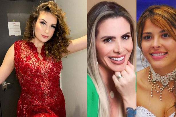 Stephanie Gomes de vestido vermelho, sorrindo, em pé; Imagem 2: Faby Monarca sorrindo, de camisa verde decotada, com a mão no queixo; Imagem 3: Gyselle Soares sorrindo, sentada no sofá do BBB 8