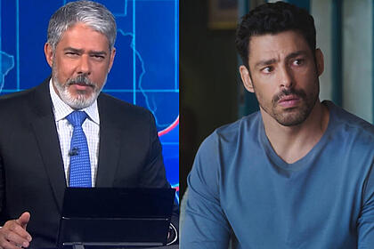 William bonner, no jornal nacional, e cauã reymond, em terra e paixão, em uma montagem