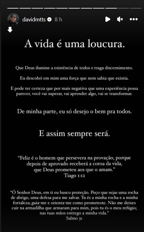 Print da publicação reflexiva de David Mattos, nos stories do Instagram, após a eliminação de Victoria