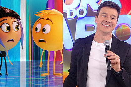 Montagem com trecho do filme 'emoji', com rodrigo faro no hora do faro