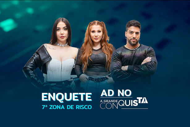 Victoria Macan, Giulia Garcia e Ricardo Villardo na arte de divulgação da enquete do A Grande Conquista