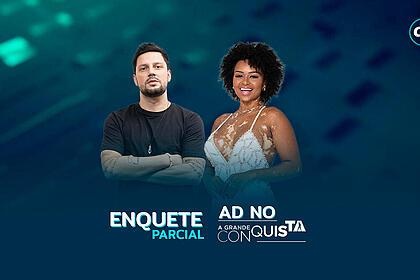 Thiago Servo e Natália Deodato na arte de divulgação da enquete do A Grande Conquista