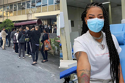 Fila de fãs em um local de doação de sangue, em montagem com Ludmilla preparada para doar sangue