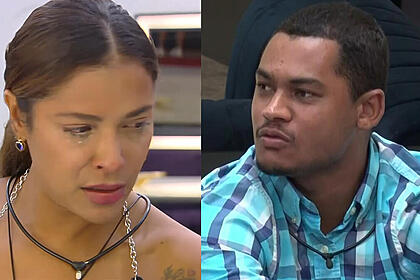 Gyselle Soares e Gabriel Roza em uma montagem, com trechos da discussão no A Grande Conquista
