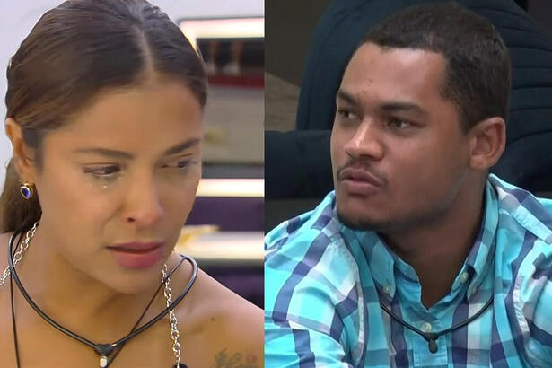 Gyselle Soares e Gabriel Roza em uma montagem, com trechos da discussão no A Grande Conquista