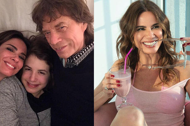 Luciana Gimes ao lado do filho e Mick Jagger; Imagem 2: Luciana Gimenez sorrindo, com a alça do óculos de sol na boca, segurando um copo com drink