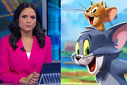 Márcia dantas, no estúdio do sbt brasil, em montagem com as aventuras de tom e jerry