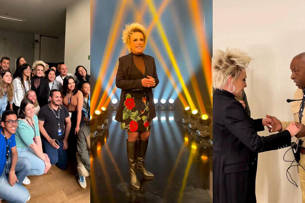 Montagem com fotos de Ana Maria Braga nos estúdios da Record