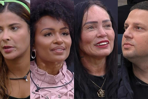 Montagem com Gyselle Soares, Natália Deodato, Sandra Melquiades e Thiago Servo ao saberem que estavam na 10ª Zona de Risco do A Grande Conquista
