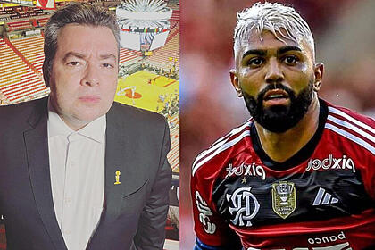 Rômulo Mendonça, nos bastidores de uma transmissão, em montagem com Gabigol, utilizando a camisa do Flamengo