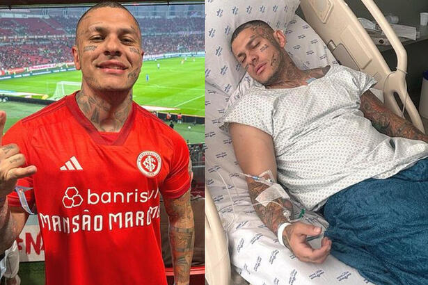 Toguro com a camisa do Internacional no estádio e no leito de hospital