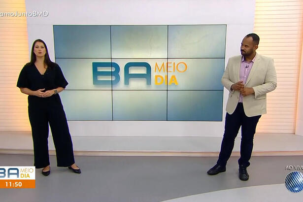 Jessica Senra e Vanderson Nascimento no cenário do Bahia Meio Dia