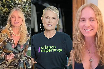 Montagem: na primeira imagem Eliana grava depoimento para o Jornal Nacional. Na segunda, Xuxa grava reportagem para o telejornal e na terceira imagem, Angélica grava vídeo de divulgação para o Criança Esperança