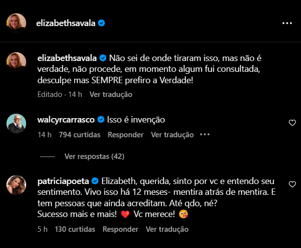 Comentário de Patrícia Poeta no Instagram de Elizabeth Savala contra o A Tarde é Sua