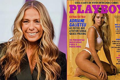Imagem 1: Adriane Galisteu sorrindo, de blazer verde, cabelo solto, ondulado, durante gravação na Record TV; Imagem 2: Adiante Galisteu de lingerie branca, com as mãos no joelho, durante ensaio sensual para a Playboy