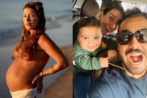 Imagem 1: Gabriela Pugliesi na praia, de top preto, cabelo preso, com a mão na lombar, usando saia branca; Imagem 2: Gabriela Pugliesi sorrindo, sentada no banco do carro, segurando Lion, atrás de Tulio Dek