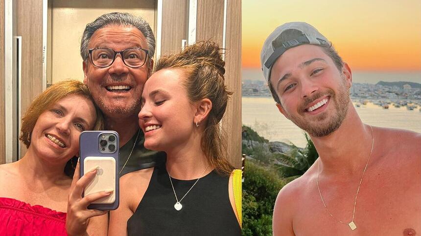Imagem 1: Larissa Manoela ao lado dos pais no elevador; Imagem 2: André Luiz Frambach sorrindo, sem camisa
