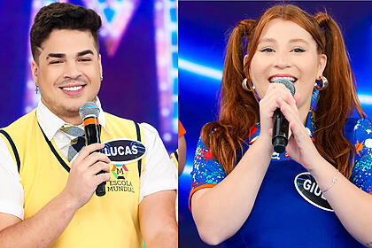 Lucas santos e giulia garcia em uma montagem no programa silvio santos