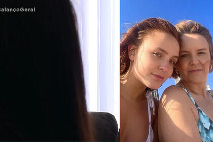 Montagem com duas fotos. Na primeira, a ex-funcionária da mãe de Larissa Manoela é entrevistada pela Record. Na segunda imagem, Larissa e Silvana tomam tiram selfie no sol