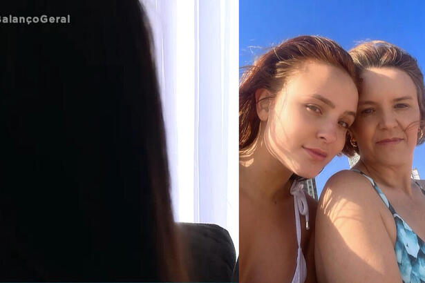 Montagem com duas fotos. Na primeira, a ex-funcionária da mãe de Larissa Manoela é entrevistada pela Record. Na segunda imagem, Larissa e Silvana tomam tiram selfie no sol