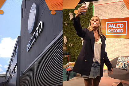 Montagem com a sede da Record Europa e Adriane Galisteu no cenário do Palco Record