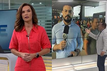 Clarissa góes de vestido vermelho, no estúdio do bom dia pe e evenilson santana chamando um repórter, ao vivo, no telão do balanço geral manhã pe para falar da greve do metrô.