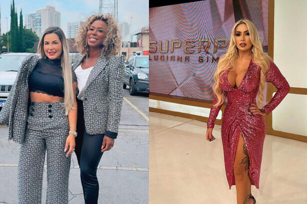Deolane Bezerra e sua advogada Adélia Soares abraçadas no estacionamento da Record. Na segunda imagem Juju Ferrari, cotada para A Fazenda, aparece de vestido vermelho brilhoso