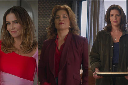 Montagem com três imagens. Na primeira, Lara (Deborah Secco) está sorrindo. Na segunda, Helena (Isabel Teixeira) olha para a câmera com semblante de maldade. Na terceira imagem, Natália (Mariana Santos) está com o olhar triste nas chamadas de Elas por Elas
