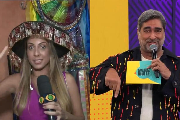 Repórter Bah Rodrigues segura o chapéu em link ao vivo direto do Maranhão, enquanto Zeca Camargo está no estúdio do Melhor da Noite