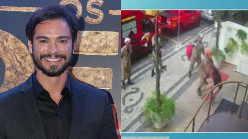 Montagem do ator Sidney Sampaio sorrindo na divulgação de Os Dez Mandamentos e na segunda imagem caindo do prédio