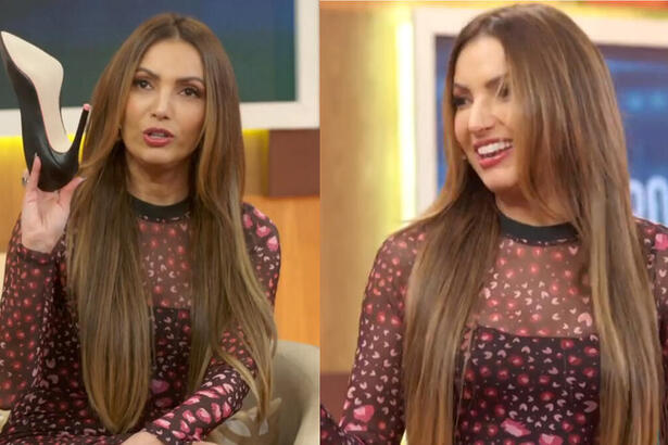Patrícia Poeta com o sapato na mão no Encontro