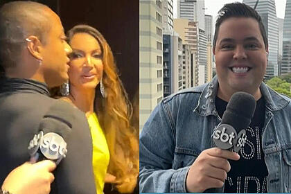 Patrícia poeta ignorando fofoquito, em um montagem com uma foto do repórter