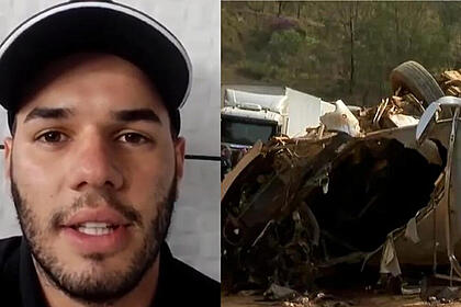 Marcus Cunha em depoimento no Encontro, em montagem com o ônibus todo destruído pós-acidente