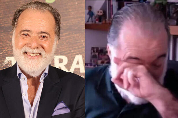 Tony Ramos nos bastidores de Terra e Paixão e em montagem com ele chorando no Encontro