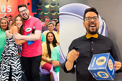 Montagem com duas fotos. Na primeira, o apresentador fábio do bú abraça patricia abravanel no sbt. Na segunda imagem ele aparece no cenário da record da paraíba