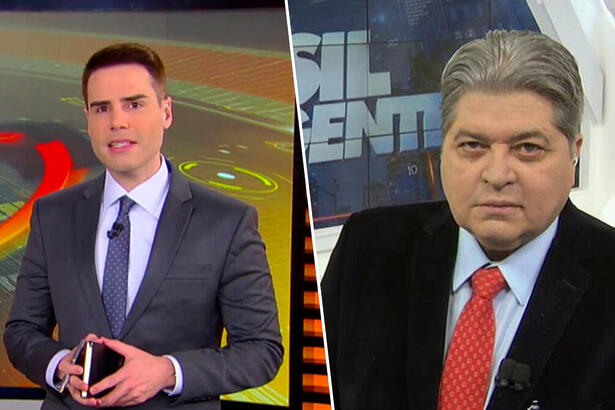 Montagem de duas fotos. Na primeira, Luiz Bacci no cenário do Cidade Alerta de terno Cinza e semblante sério. Na segunda imagem Datena de terno preto no estúdio do Brasil Urgente, olhando fixo para a câmera.