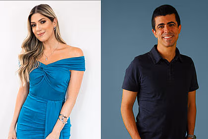 Montagem de Dani Calabresa vestida de azul e sorrindo. Na segunda imagem o diretor Marcius Melhem aparece sorrindo
