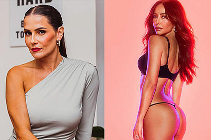 Deborah Secco de vestido cinza, sentada em um banco durante ensaio para revista; Sabrina Sato de lingerie durante ensaio fotográfico