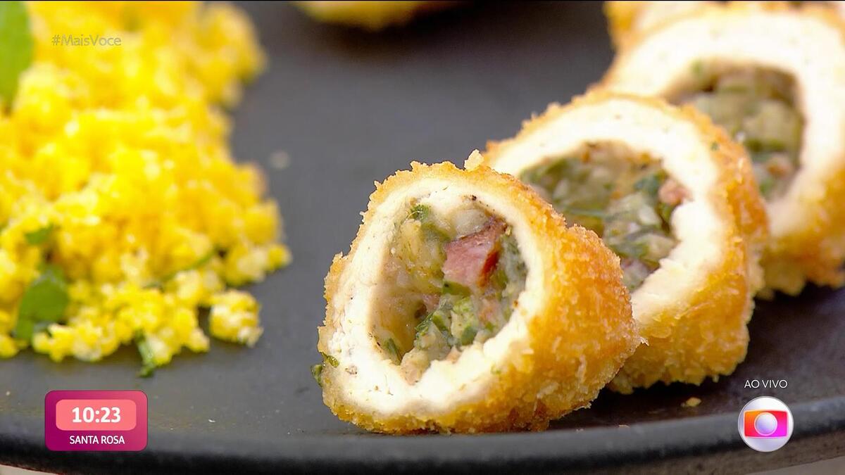 Filé de Frango recheado com mandioca separado em fatias no Mais Você