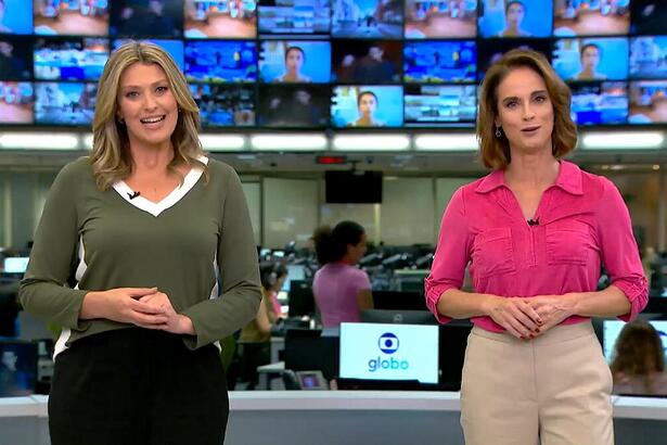 Crsitina Vieira e Helen Martins na redação da Globo São Paulo gravando chamada do Globo Rural