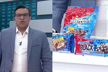 Montagem de fabio araujo apresentando merchan e a mosca voando por cima dos biscoitos no cenário da afiliada do sbt, a tv jornal