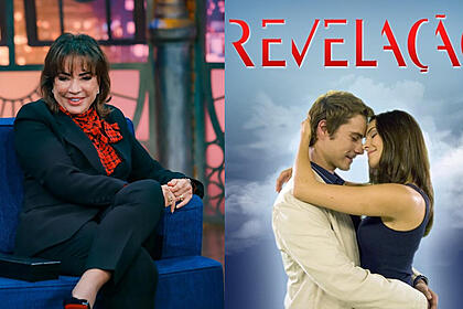 Montagem com iris abravanel sentada no sofá do the noite e na segunda imagem um poster da novela revelação